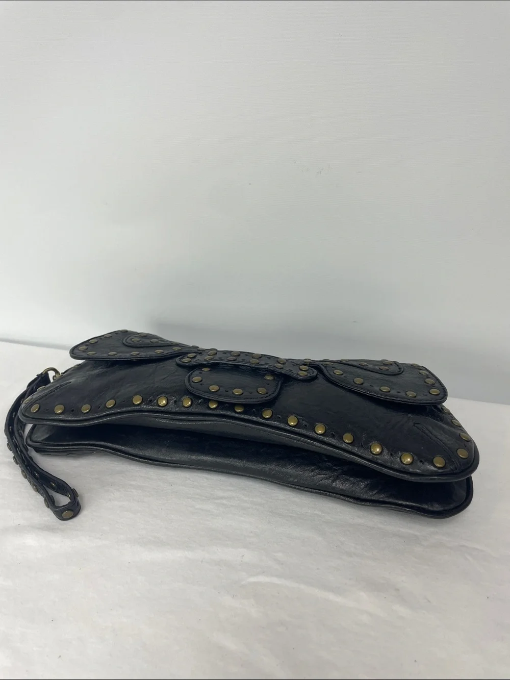 Kooba Black Leather Studded Wristlet Clutch with Brass Accents